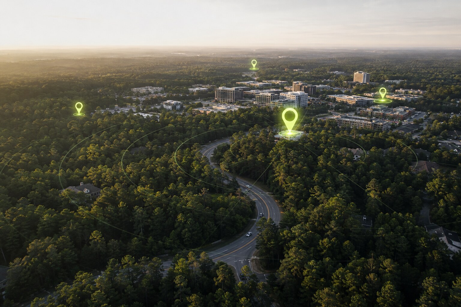 Pine canopy, winding roads, and local search coverage across a Woodlands-inspired Texas community